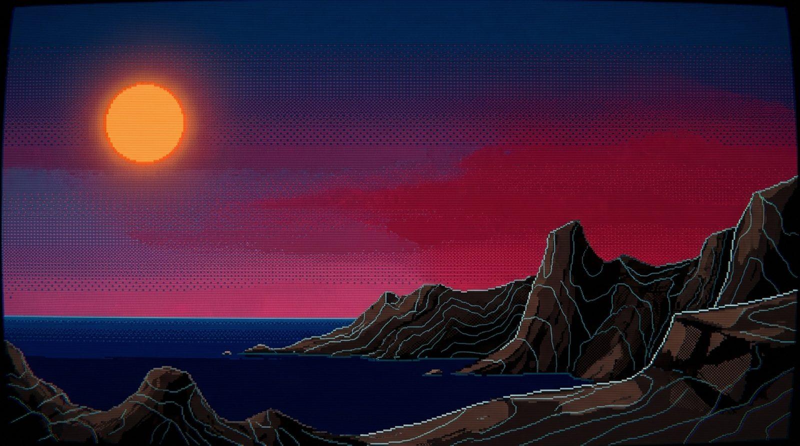 Pixel-art coastline with contour lines traced over the cliffs.
