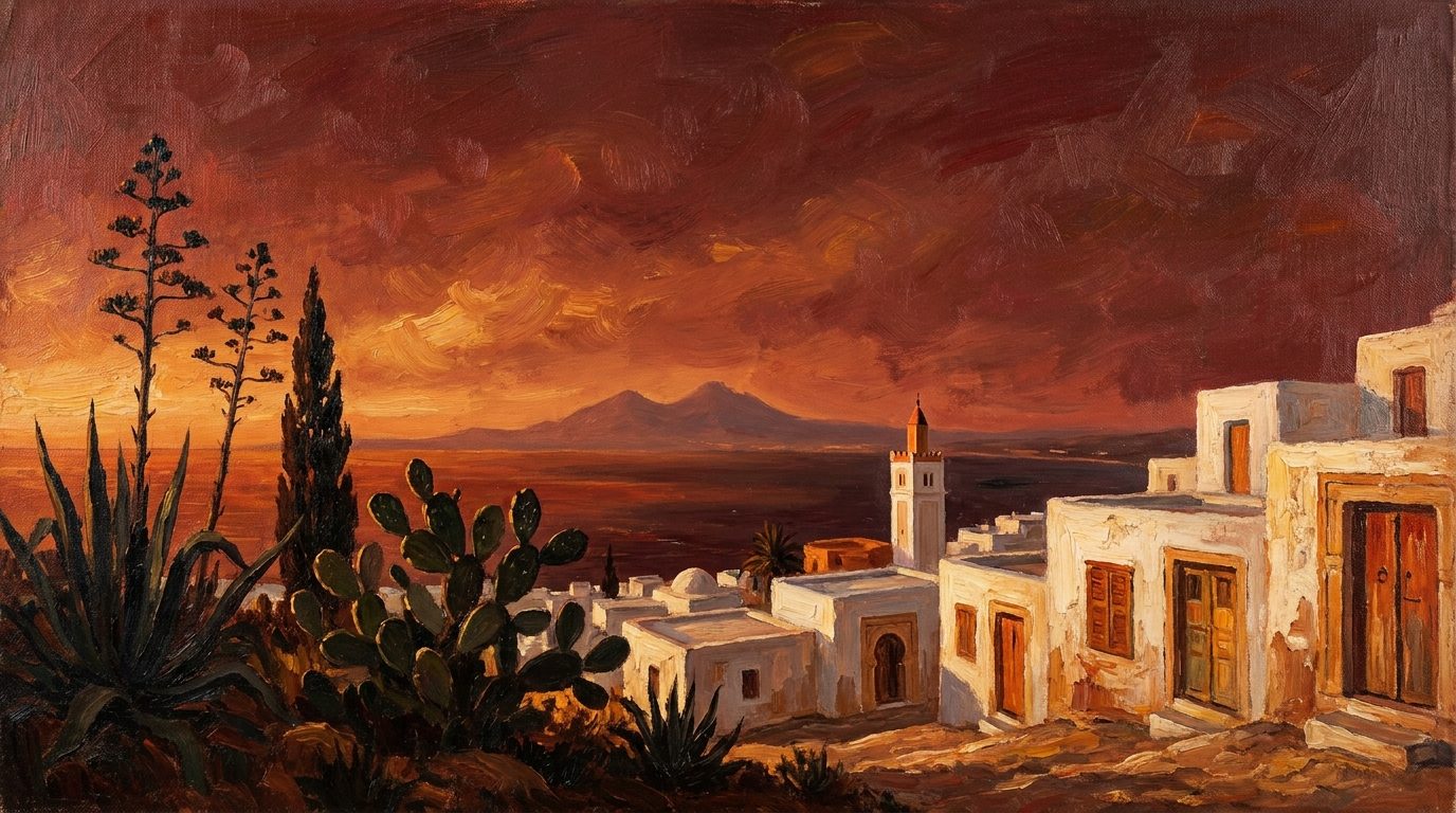 Painting of a hillside terrace above Sidi Bou Said at sunset, with agave and cactus in the foreground and Boukornine's twin peaks across the Gulf of Tunis.