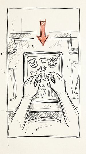 Storyboard sketch: Overhead, hands only, no face